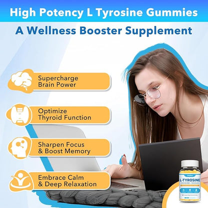 L Tyrosine Gummies, 2 Pack L-Tyrosine Supplement, Tyrosine Gummies with L-Theanine B6 D3, Tyrosine Supplement for Brain, Memory, Energy, Mood for Adult & Kids, Pineapple & Mango Flavor, 120 Ct