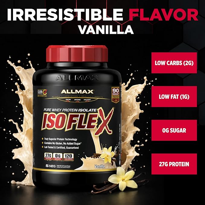 ALLMAX ISOFLEX Pure Whey Isolate Protein Powder - Gluten Free, Low Lactose, Sugar-Free - High-Protein, Clean, Keto-Friendly for Pre Post Workout Supplement for Women and Men | Vanilla, 5lb
