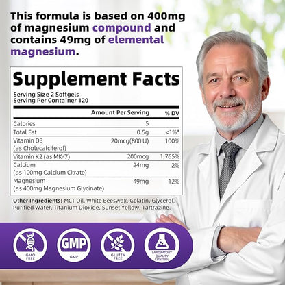 Magnesium Glycinate 400mg Softgels, Small Easy to Swallow High Absorption Magnesium Supplement, with Vitamin D3 & K2 for Sleep Relax Calm Muscle Bone* Health, 120 Gelcaps
