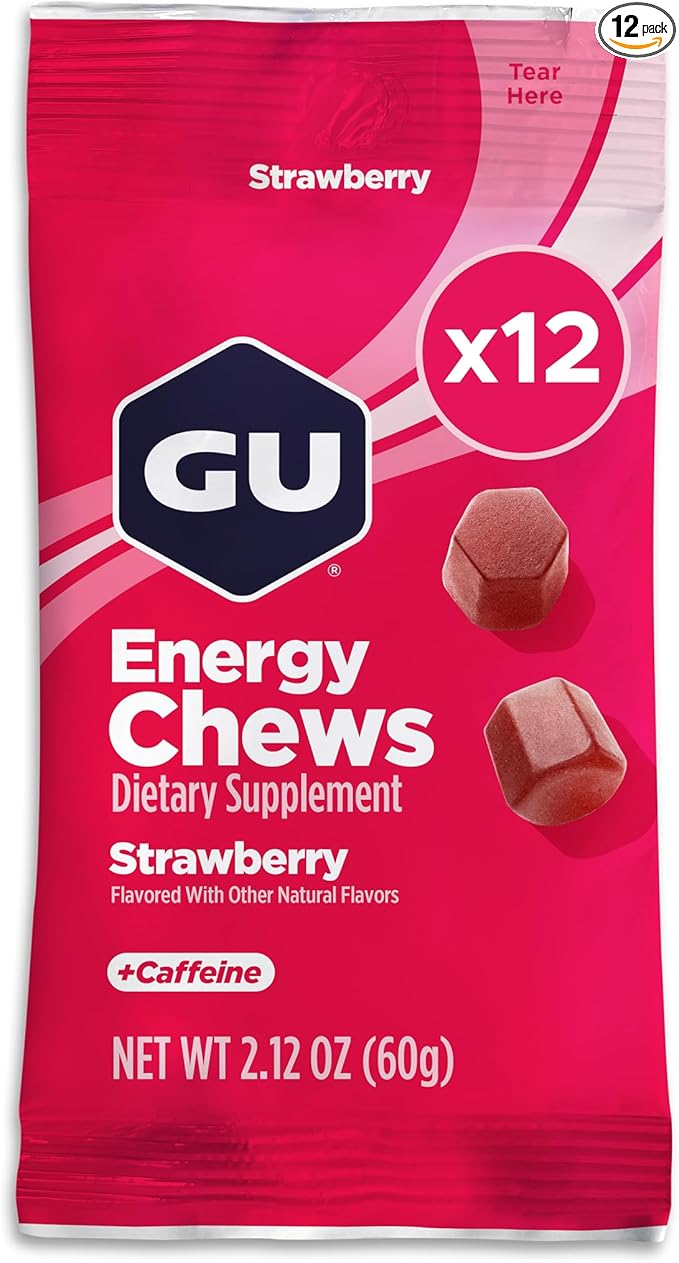 GU Energy Chews, Strawberry Energy Gummies with Electrolytes, Vegan, Gluten-Free, Kosher, 20 mg of Caffeine, and Dairy-Free On-the-Go Energy for Any Workout, 12 Bags (24 Servings Total)