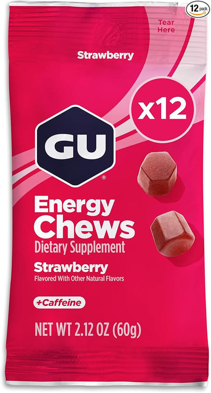 GU Energy Chews, Strawberry Energy Gummies with Electrolytes, Vegan, Gluten-Free, Kosher, 20 mg of Caffeine, and Dairy-Free On-the-Go Energy for Any Workout, 12 Bags (24 Servings Total)
