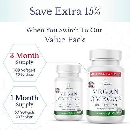 TAHIRO Vegan Omega-3 Softgels - Plant-Based Supplement with DPA, DHA & EPA - Nutrients for Men, Women and Pregnant Women - Supports Brain Health - Prenatal & Joint Supplements, 1000mg