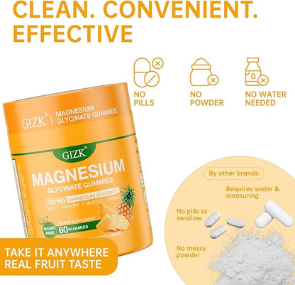 Magnesium Glycinate Gummies 500mg – Sugar Free Magnesium Gummies for Sleep, Stress, Muscle & Nerve Support – for Adults & Kids 4+, Vegan, No Melatonin (Pineapple Flavor, 60 Count)