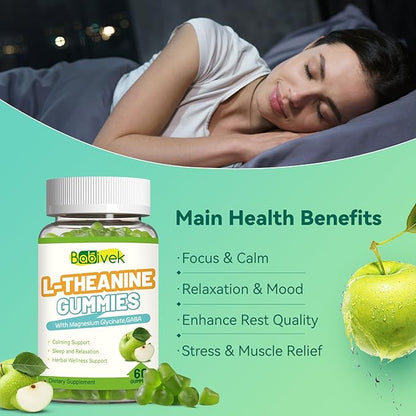 L Theanine Gummies,L-Theanine 400mg with GABA,Magnesium Glycinate Chewable Supplement for Kids & Adults,Stress Relief,Restful and Relaxation Support,Apple Flavor,Vegan Sugar Free 60 Counts