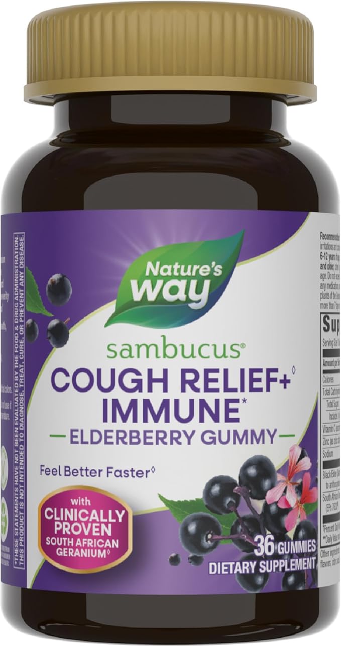 Nature's Way Sambucus Cough Relief +(1) Immune* Elderberry Gummy, Clinically Proven South African Geranium Root Extract(1), Elderberry Extract, Vitamin C & Zinc, 36 Gummies (Packaging May Vary)