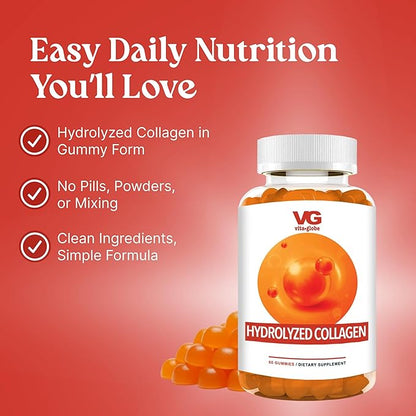 VITA GLOBE Collagen Gummies – 200mg Hydrolyzed Collagen Types I, II, III, V & X | Supports Hair, Skin, Nails, Joints & Bones | Beauty & Wellness Supplement for Women & Men – 60 Count (Pack of 1)
