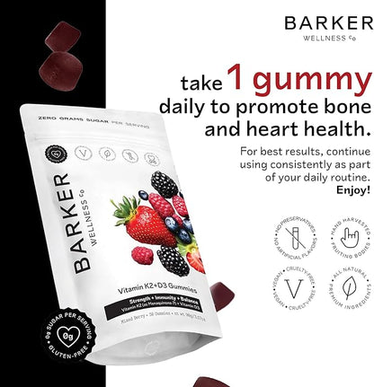 Barker Wellness D3 K2 Vitamin Gummies – Max Potency 6000IU D3 + 200mcg K2 for Strong Bones, Cardiovascular Wellness, Immune Support | Vegan, Sugar-Free, Delicious Mixed Berry | 30 Servings
