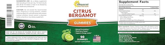 aSquared Nutrition Citrus Bergamot Gummies - Citrus Bergamot Extract Supplement 500mg Per Serving - Pure Gummy Alternative to Capsules & Pills