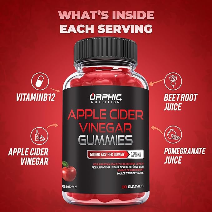 ORPHIC NUTRITION Apple Cider Vinegar Gummies - 1000mg - ACV Weight Loss Gummies - Supports Digestion, Detox & Cleansing - VIT B12, Beetroot - Gomitas de Vinagre de Manzana (60 pcs)