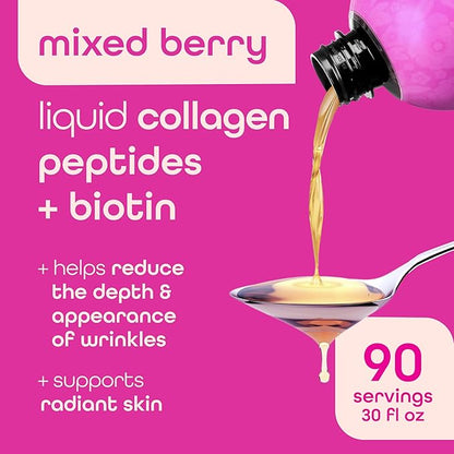 Zena Nutrition Liquid Collagen Peptides and Biotin, 2500mg Verisol Bioactive Collagen Peptides, 5000mcg Biotin, Hair, Skin, Nail Supplement for Women and Men, Mixed Berry, 90 Servings, 30 fl oz