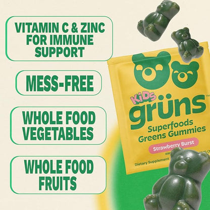 Gruns Multivitamin for Kids, Super Greens Gummies, Superfood Gummy Bears with 20+ Vitamins & Minerals, Spirulina, Chlorella, Alfalfa, Prebiotics Fiber for Digestive Health, Adaptogens Supplement, 28ct