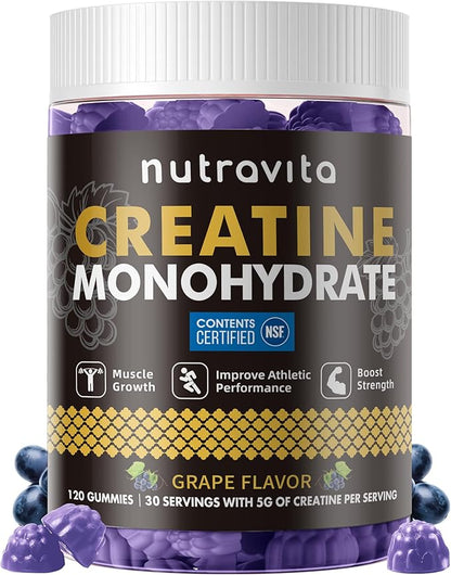 Nutravita Creatine Monohydrate Gummies for Men & Women-5g of Creatine Monohydrate per Serving - Sugar Free,Vegan, Grapes Flavor, 120 Count