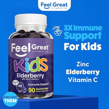 Feel Great Vitamin Co. Elderberry Gummies for Kids | Immune Support | Natural Antioxidant Immune Booster | with Vitamin C and Zinc | Gluten Free & Vegetarian | 90 Gummies