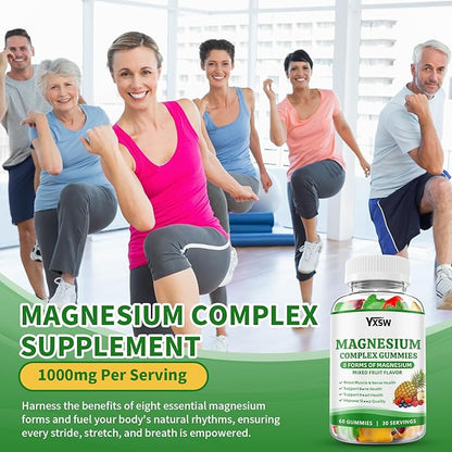Magnesium Complex Gummies 8 Elemental 1000mg - Magnesium Glycinate, Citrate, Malate, Taurate, Supports Bones, Muscle, Nerve Health, for Women & Men, Vegan Non-GMO, Mixed Flavors, 60 Count