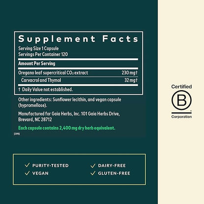 Gaia Herbs Oil of Oregano - Immune & Antioxidant Support Supplement - with Oregano Oil, Carvacrol & Thymol* - 120 Vegan Liquid Phyto-Caps (120 Servings)