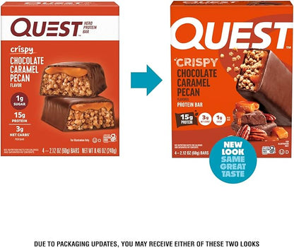 Quest Nutrition Crispy Chocolate Caramel Pecan Hero Protein Bar, 15g Protein, 1g Sugar, 3g Net Carb, Gluten Free Protein Snack, Keto Friendly, 4 Count