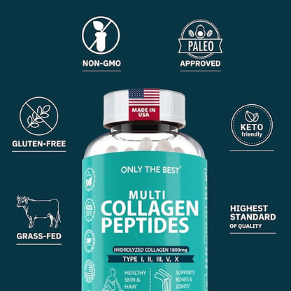 Premium Multi Collagen Peptides Capsules 1800mg - Types I, II, III, V, X To Support Skin, Hair, Nails - Helps Bones, Joints, Muscles, & Digestive Health* Hydrolyzed Collagen Supplement 90 Capsules