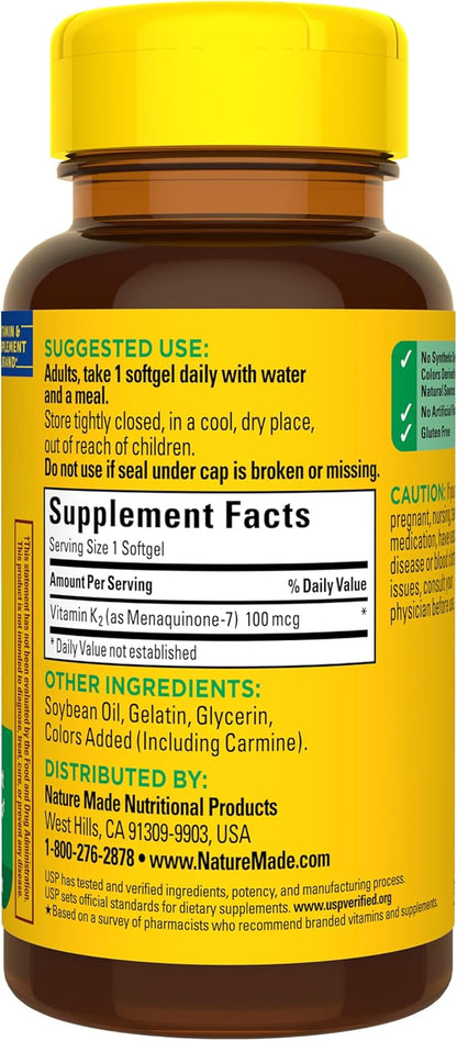 Nature Made Vitamin K2 100 mcg, Healthy Bone Supplements, Vitamin K2 Supplement, 30 Softgels, 30 Day Supply