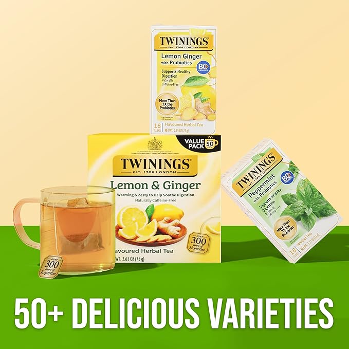 Twinings Superblends Probiotics+ Lemon & Ginger Flavoured Herbal Tea with Turmeric, Caffeine-Free, 18 Count (Pack of 2), Enjoy Hot or Iced, 18 Teabags