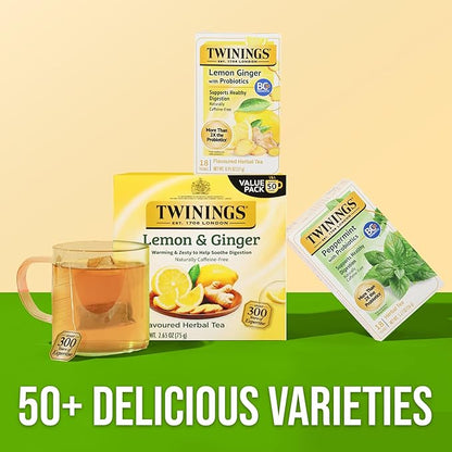 Twinings Superblends Probiotics+ Lemon & Ginger Flavoured Herbal Tea with Turmeric, Caffeine-Free, 18 Count (Pack of 2), Enjoy Hot or Iced, 18 Teabags