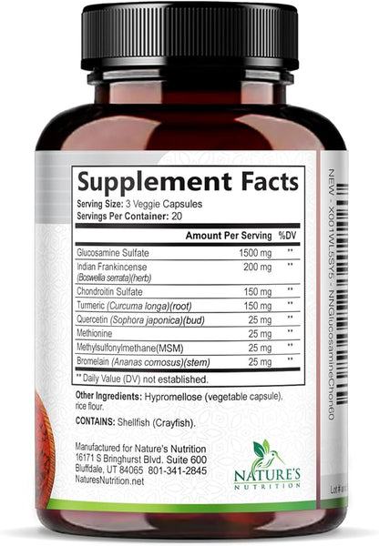 Glucosamine Chondroitin MSM - Joint Support Supplement for Joint Mobility, Comfort and Cartilage Support For Men and Women - Glucosamine Complex Supplements with Turmeric & Boswellia - 60 Capsules