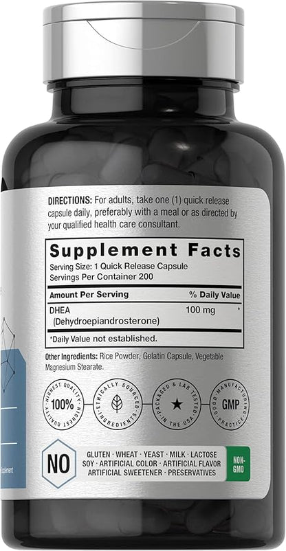 Horbäach DHEA 100mg | 200 Capsules | Supplement for Men and Women | Non-GMO, Gluten Free
