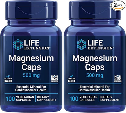 Life Extension Magnesium Caps, 500 mg, Magnesium Succinate, Heart Health, Healthy Bones, Metabolism Support - Pack of Two - 2 x 100 Vegetarian Capsules