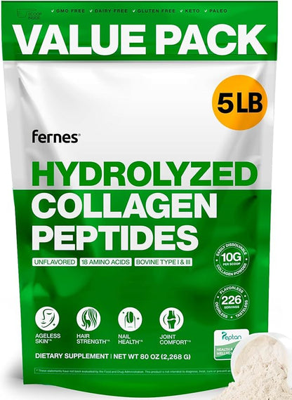 Collagen Powder for Women Men (5LB) Type I & III Flavorless & Odorless Easy-Mix Hydrolyzed Peptan Protein Peptides Joint Hair Skin & Nail Support Gluten-Free Non-GMO Keto Paleo Grass-Fed Kosher