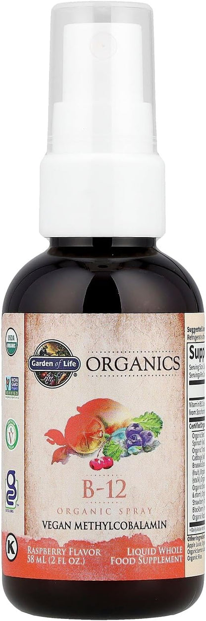Garden of Life Organics B-12 Spray with Methylcobalamin – Liquid Vitamin Spray for Energy, Metabolism & Heart Health Support, Raspberry Flavor, 2 Fl Oz Bottle, 140 Servings