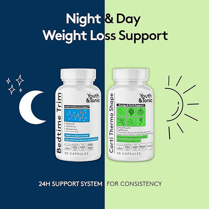 Youth & Tonic Weight Loss Support Night & Day Pills - Bedtime Trim & Cortithermo Shape - Nighttime Recovery + Daytime Energy & Metabolism Support – 60 Capsules for Women & Men