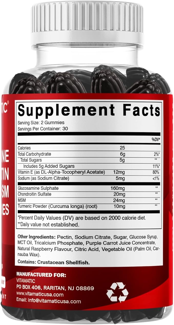 Vitamatic Glucosamine Chondroitin Gummies with MSM & Vitamin E – Joint Support Formula – 60 Pectin-Based Vegan Gummies
