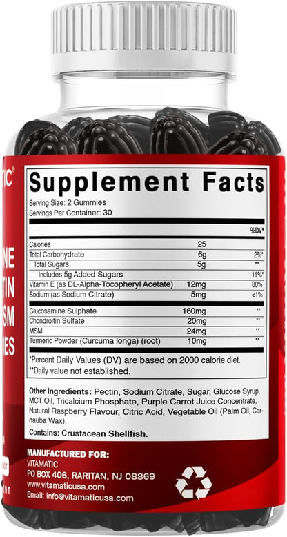 Vitamatic Glucosamine Chondroitin Gummies with MSM & Vitamin E – Joint Support – 60 Pectin-Based Gummies per Bottle – Pack of 2 (Total 120 Count)