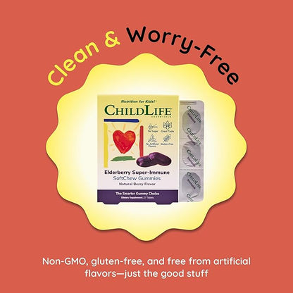 CHILDLIFE ESSENTIALS Elderberry Super-Immune SoftChew Gummies for Kids - Immune Support with Vitamin C & Vitamin D3, Elderberry Immune Supplement for Babies, Toddlers & Children - Berry, 27 Softchews