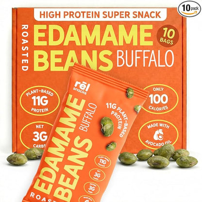 Rel Snacks Buffalo Roasted Edamame – High Protein Low Carb Snack (11g Protein per Serving) – Keto-Friendly, Vegan, Non-GMO – 10-Pack 0.9oz Bags