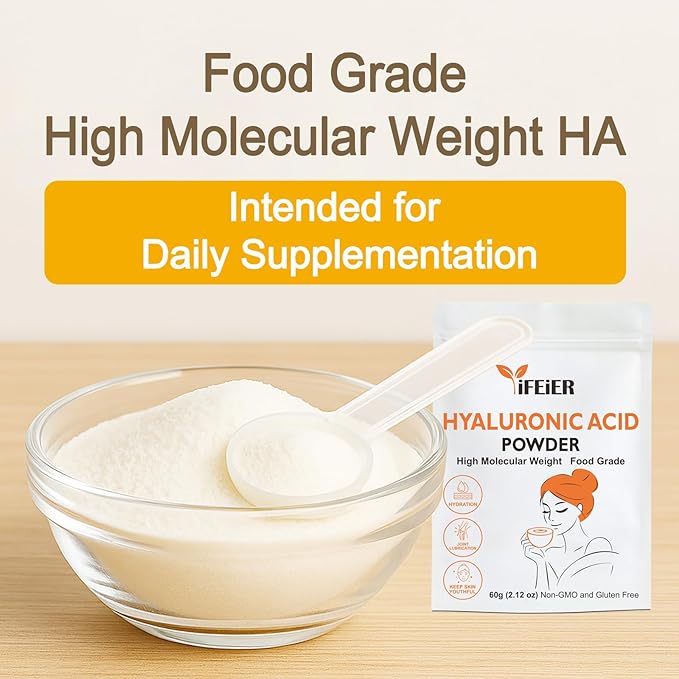 iFEiER Pure Hyaluronic Acid Powder | Food Grade Hyaluronic Acid Supplements | 60g(2.12oz) | HMW LMW High Molecular Weight Hyaluronic Acid Powder| Skin Hydration and Joint Lubrication