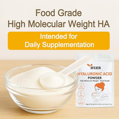 iFEiER Pure Hyaluronic Acid Powder | Food Grade Hyaluronic Acid Supplements | 60g(2.12oz) | HMW LMW High Molecular Weight Hyaluronic Acid Powder| Skin Hydration and Joint Lubrication