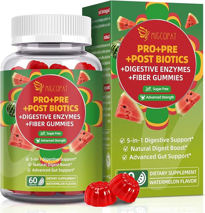 Migcopat Pre Post Probiotics Gummies, Probiotic Prebiotic Postbiotic Digestive Enzymes with Fiber, 120 Billion CFU Probiotics - Digestive Health, Sugar Free, Vegan, Watermelon, 60 Gummies