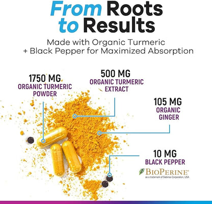 Turmeric Curcumin Supplement - 1750mg Organic Turmeric Per Serving - 95% Curcuminoids, Ginger & BioPerine Black Pepper for Best Absorption - Natural Vegan Joint Support, Bottled in USA - 240 Capsules