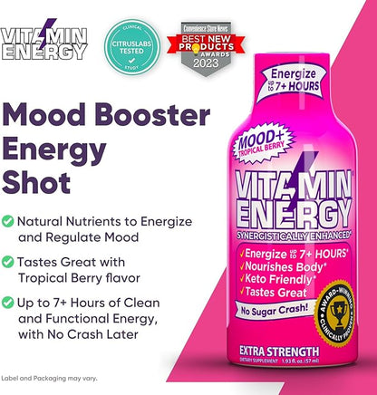 Vitamin Energy Mood+ Extra Strength Energy Shot Tropical Berry 12 Pack, 260mg Natural Caffeine, B-Vitamins, Rhodiola, Chamomile, Mood & Energy Support, Zero Sugar, Gluten-Free, Vegan, 1.93 fl oz