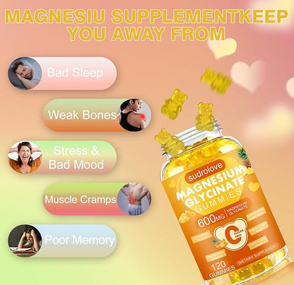 Magnesium Glycinate Gummies 600mg – Sugar Free Magnesium & Potassium Dietary Supplement with Vitamin D, B6 and CoQ10 for Calm Support & Sleep for Adults - High Absorption -Pineapple Gummies