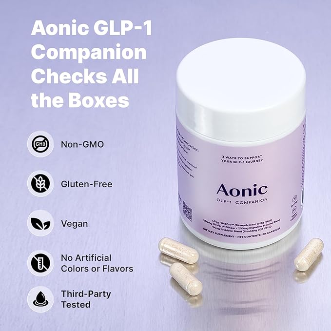 AONIC 3-in-1 GLP-1 Companion Supplement - HMBPro™ to Support Maintenance of Lean Muscle, probiotic and Enzyme Blend to Support Digestion, Ginger Extract to Help Reduce Nausea and Bloating (90 Caps)