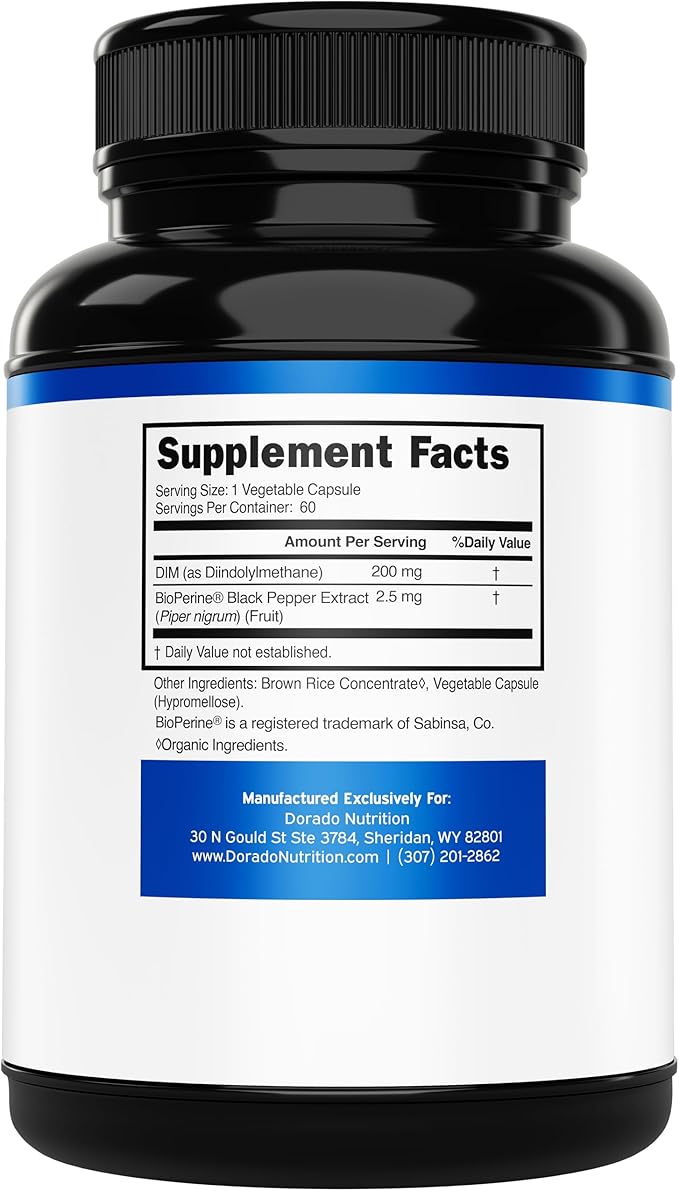DIM Supplement for Women & Men (Diindolylmethane Estrogen Blocking Supplement, Hormonal Acne Treatment, Hormone Balance for Women) (200mg Per Serving) - Vegan, Gluten-Free, USA Made (60 Capsules)