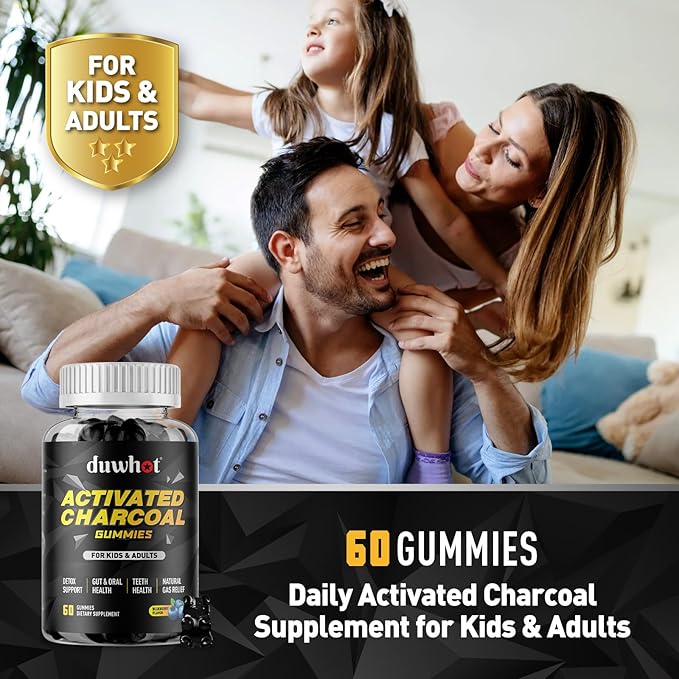 Activated Charcoal Gummies for Kids, 500mg Chewable Activated Charcoal Supplement for Gas Relief, Detox, Digestive and Oral Health, Vegan Blueberry Flavor, 60 Count