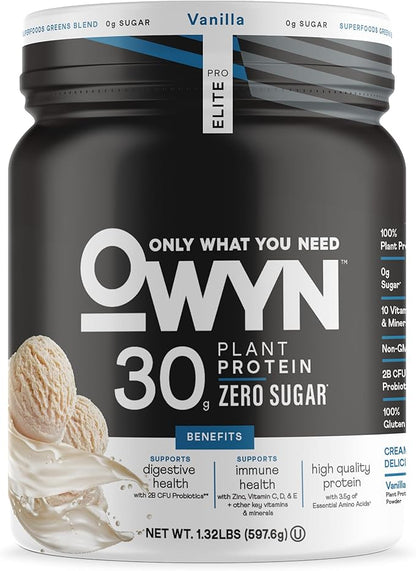 Owyn Only What You Need Pro Elite High Protein Powder, 30g Vegan Protein for Workout Recovery, Delicious Smooth Taste, Zero Sugar, Low Net Carbs, Vanilla, 12 Servings (1.32 LB)