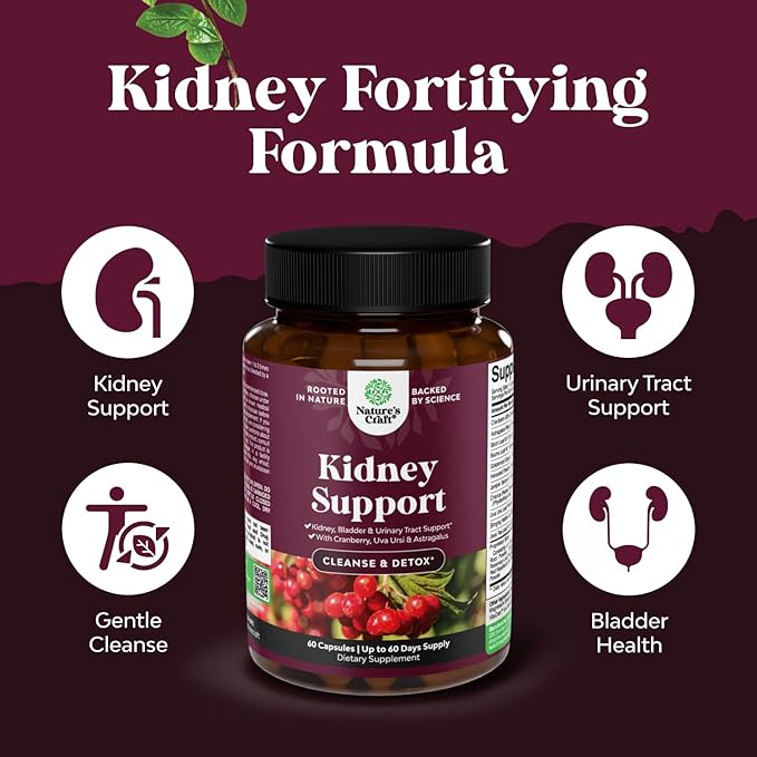 Advanced Kidney Support Supplement - Kidney Cleanse Detox & Repair Cranberry Extract Capsules with Uva Ursi, Stinging Nettle & Astragalus for Kidney Health - Urinary Tract Health - 60 Count
