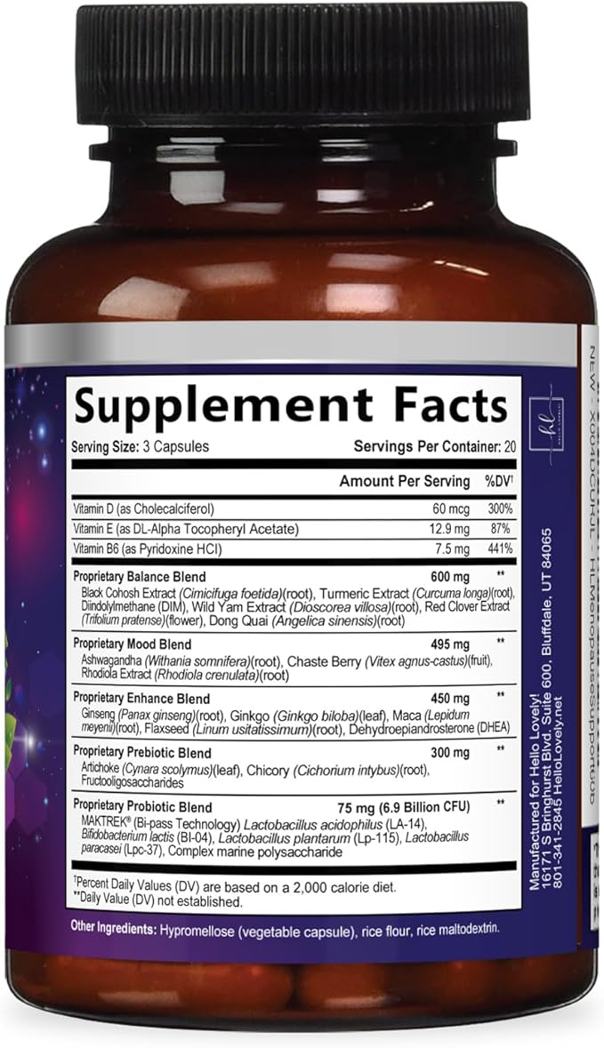 Menopause Supplements for Women - Hot Flash Night Sweats & Menopause Relief Pills - Probiotic Blend 8 Billion CFU Per Serving with Dong Quai & Black Cohosh - Vaginal, Digestive Support - 60 Capsules