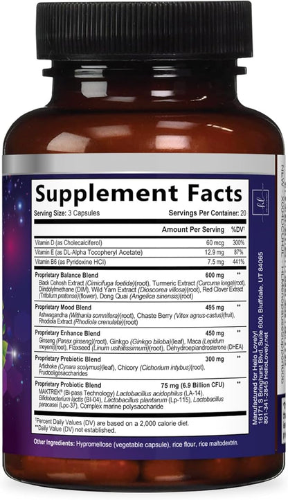 Menopause Supplements for Women - Hot Flash Night Sweats & Menopause Relief Pills - Probiotic Blend 8 Billion CFU Per Serving with Dong Quai & Black Cohosh - Vaginal, Digestive Support - 60 Capsules
