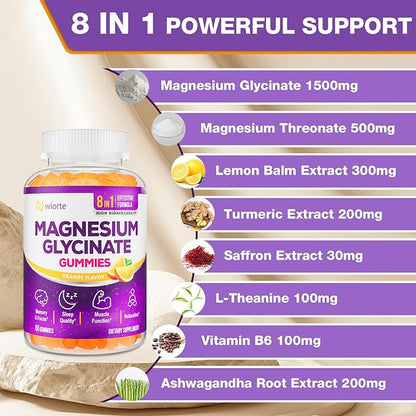 Magnesium Glycinate Gummies Supplement for Adults Women, Magnesium Gummies with L-Threonate, Ashwagandha, Vitamin B6- Sleep, Relaxation, Calm, Energy, Vegan, Sugar Free, 60 Count