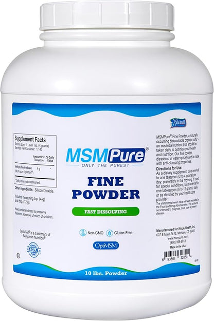 KALA HEALTH MSMPure Fast Dissolving Fine MSM Powder Crystals – US-Made MSM for Joint Health, Skin Appearance, and Hair & Nail Support – 10 lb, Organic Sulfur