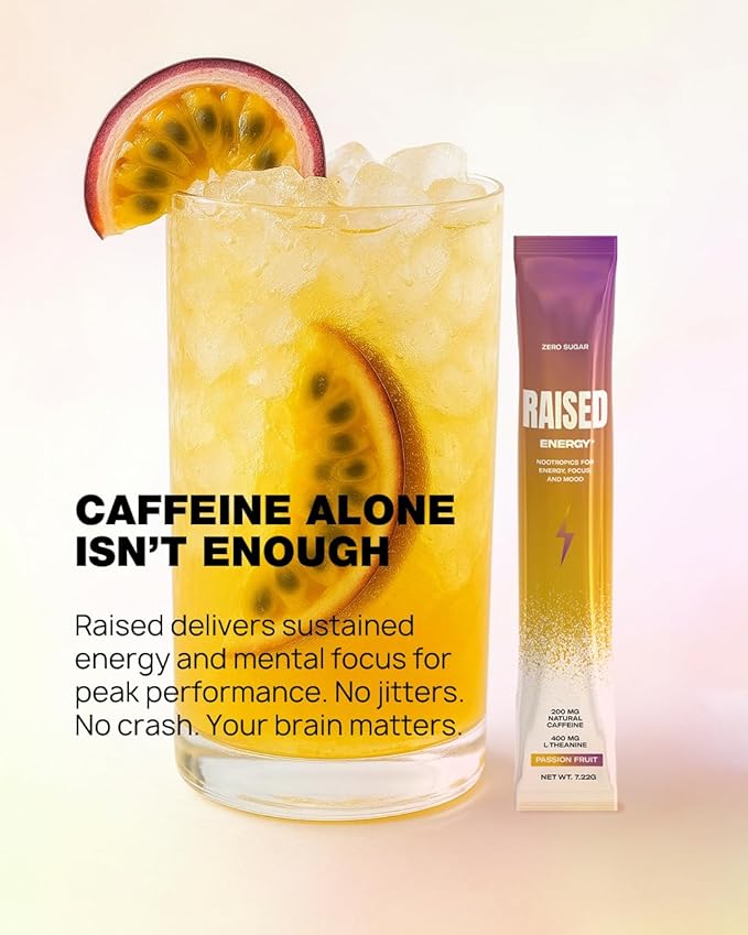 Raised Energy+ Nootropic Drink Mix | 200mg Natural Caffeine + L-Theanine | Zero Sugar | Clean Energy Powder for Focus, Mood & Motivation | 15 Stick Packs | Passion Fruit Flavor